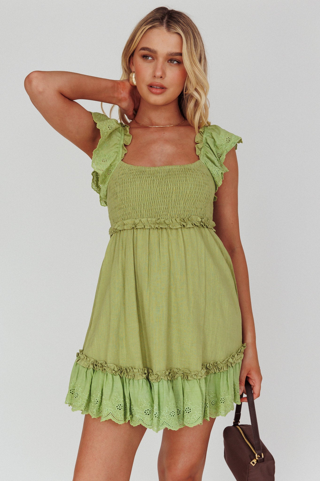 Bay Breeze Frill Shoulder Shirred Bodice Dress Olive by Selfie Leslie