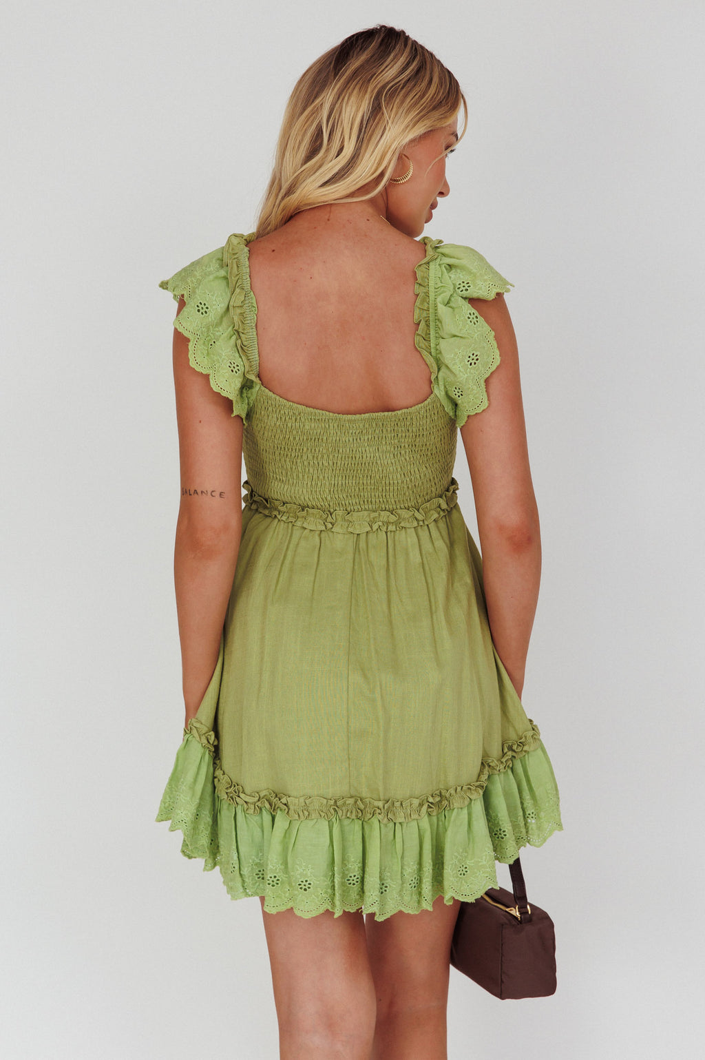 Bay Breeze Frill Shoulder Shirred Bodice Dress Olive by Selfie Leslie
