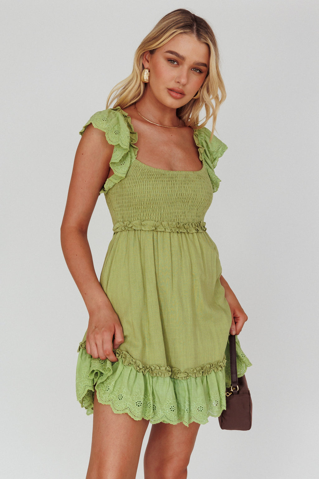 Bay Breeze Frill Shoulder Shirred Bodice Dress Olive by Selfie Leslie