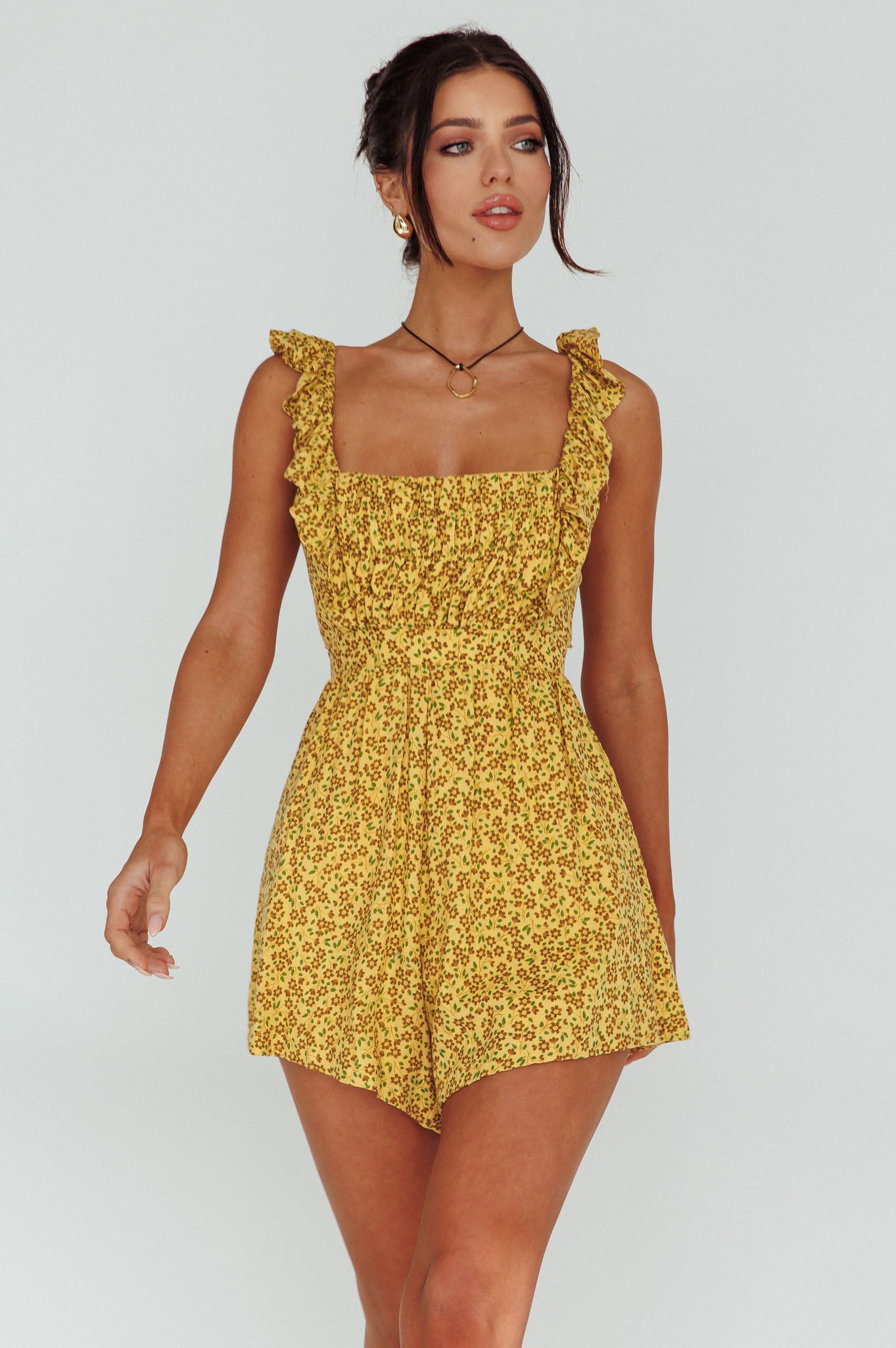 Lazy Sunday Frill Strap Tie-Up Back Romper Floral Print Mustard by Selfie Leslie