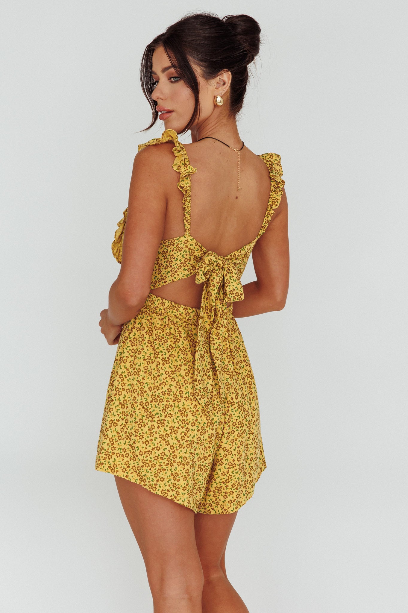 Lazy Sunday Frill Strap Tie-Up Back Romper Floral Print Mustard by Selfie Leslie