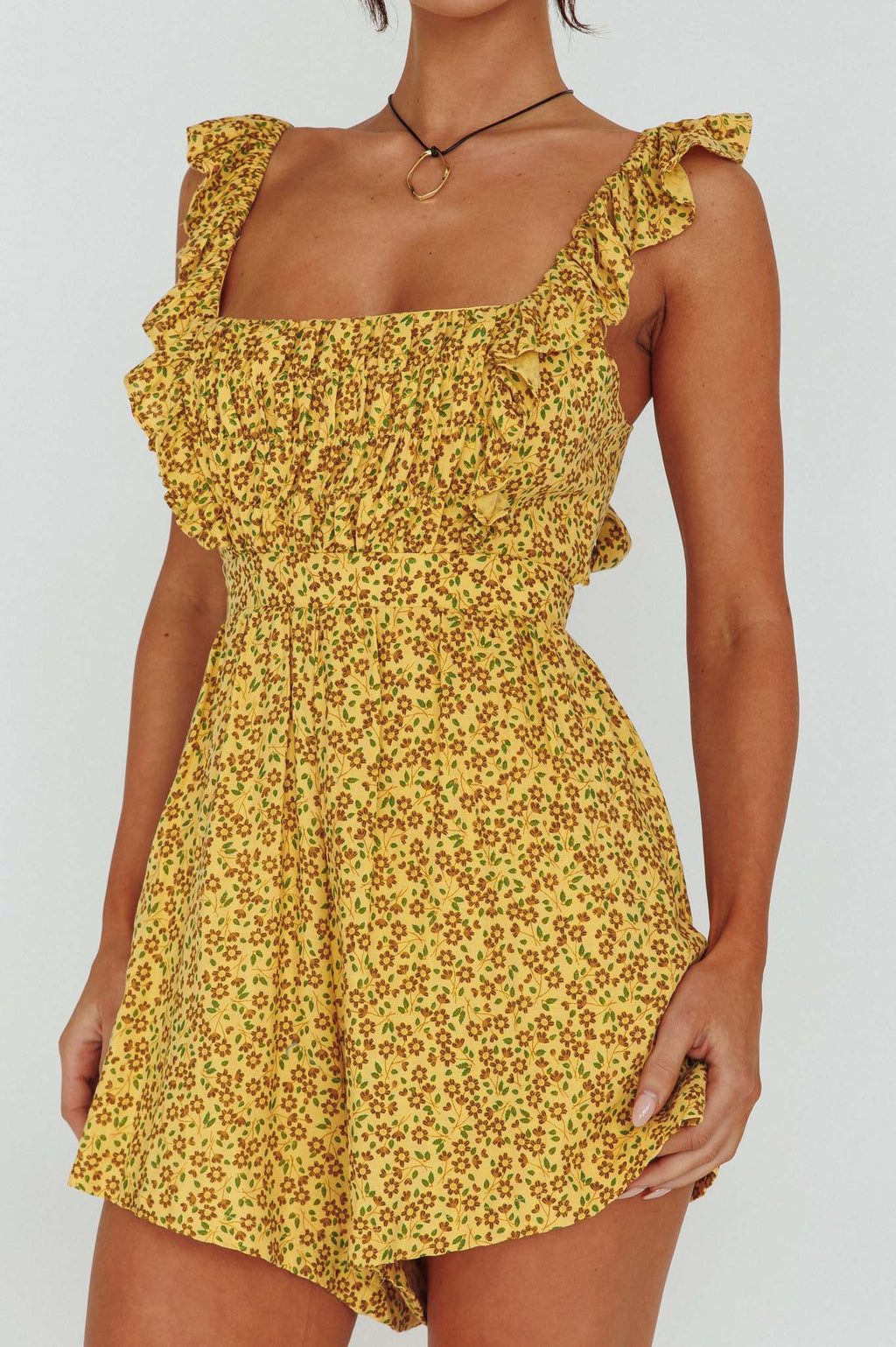 Lazy Sunday Frill Strap Tie-Up Back Romper Floral Print Mustard by Selfie Leslie