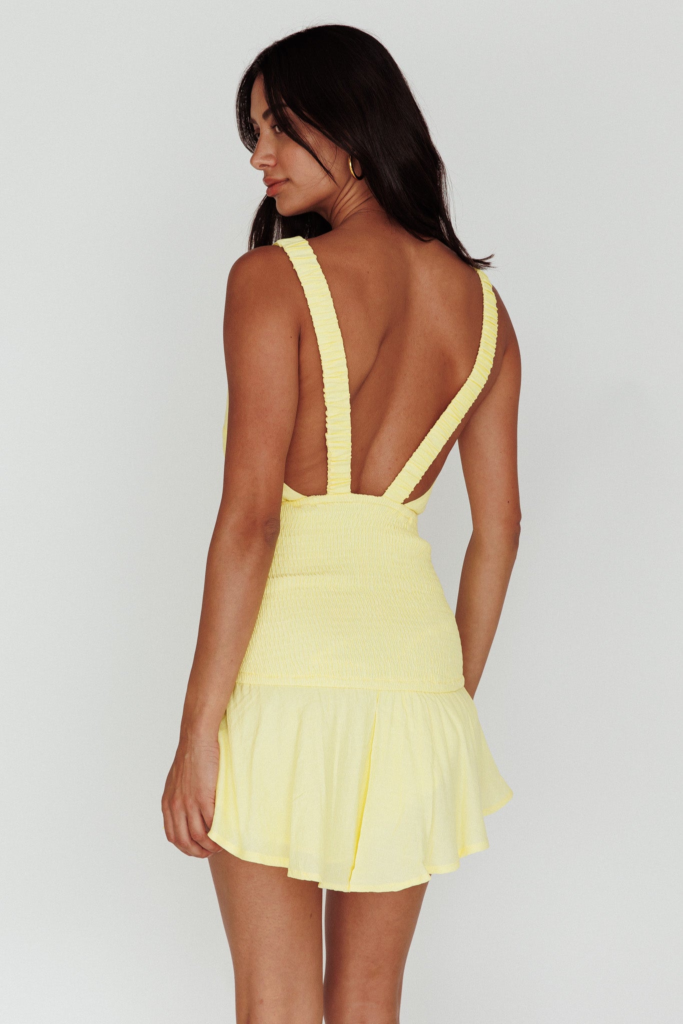 Antonine Elasticated Straps Shirred Waist Mini Dress Lemon Antonine Elasticated Straps Shirred Waist Mini Dress Lemon