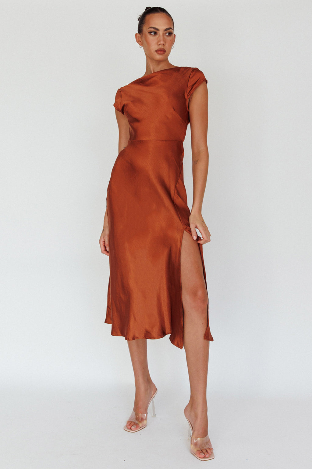 Lucinda Twist Back Midi Dress Brown by Selfie Leslie