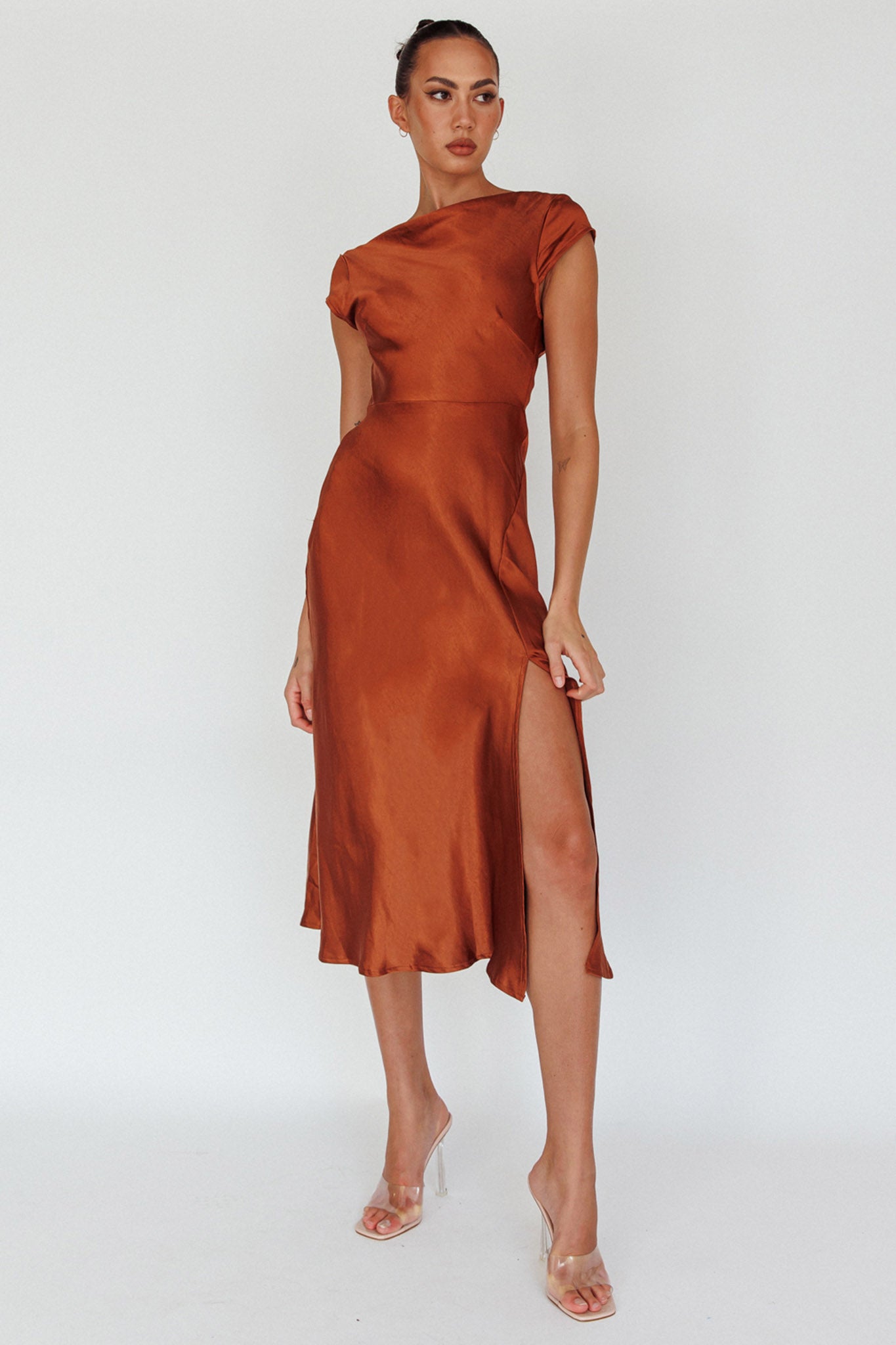 Lucinda Twist Back Midi Dress Brown by Selfie Leslie