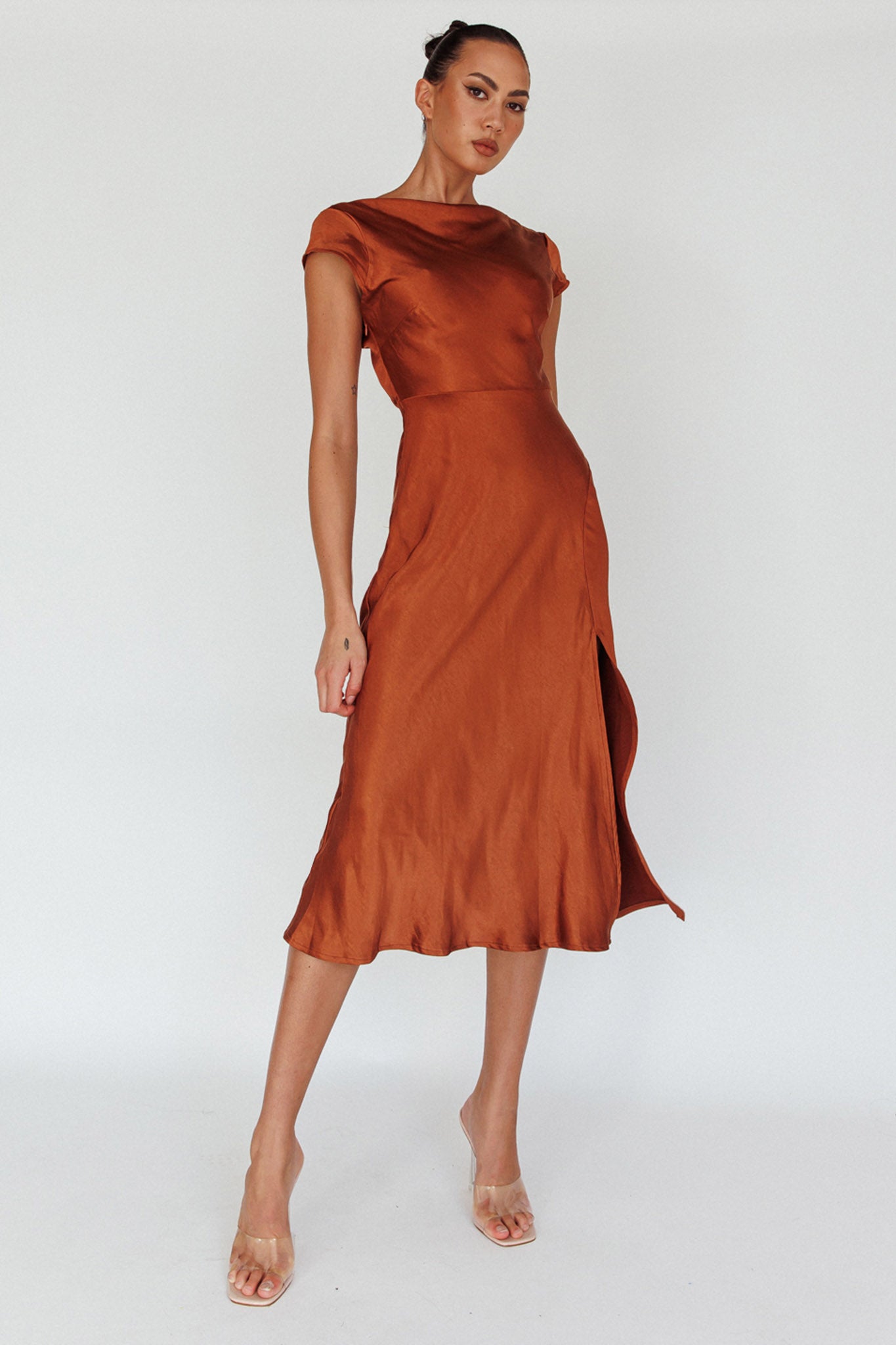 Lucinda Twist Back Midi Dress Brown by Selfie Leslie