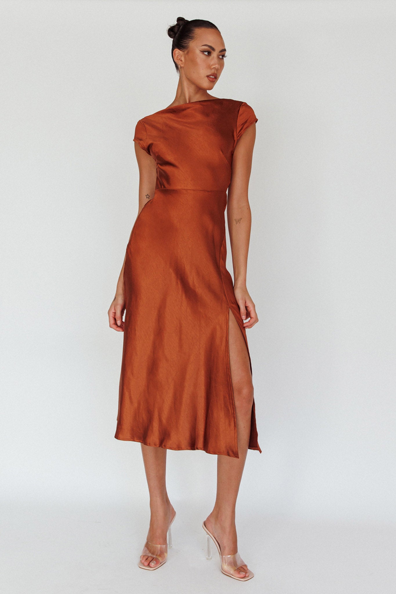 Lucinda Twist Back Midi Dress Brown by Selfie Leslie