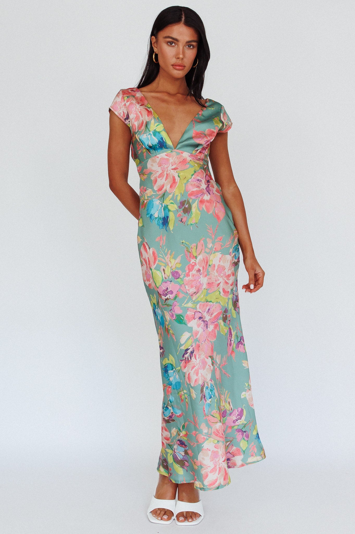 uo lindsey cap-sleeve midi dress Lucinda Cap Sleeve Twist Back Midi Dress Floral Olive