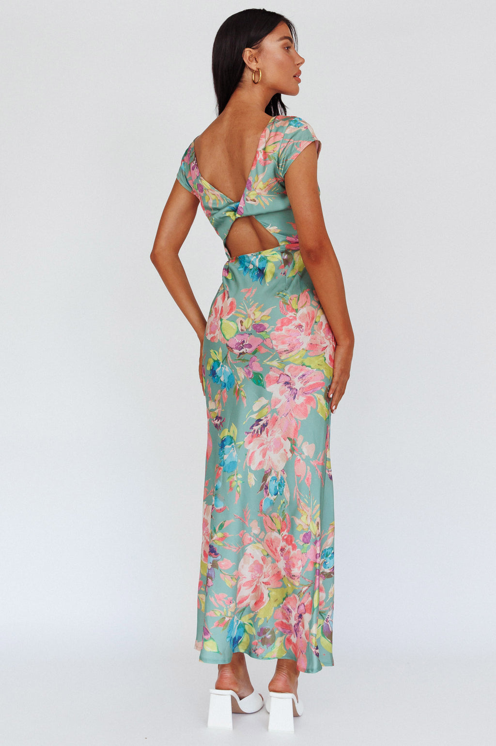 Lucinda Cap Sleeve Twist Back Midi Dress Floral Olive by Selfie Leslie