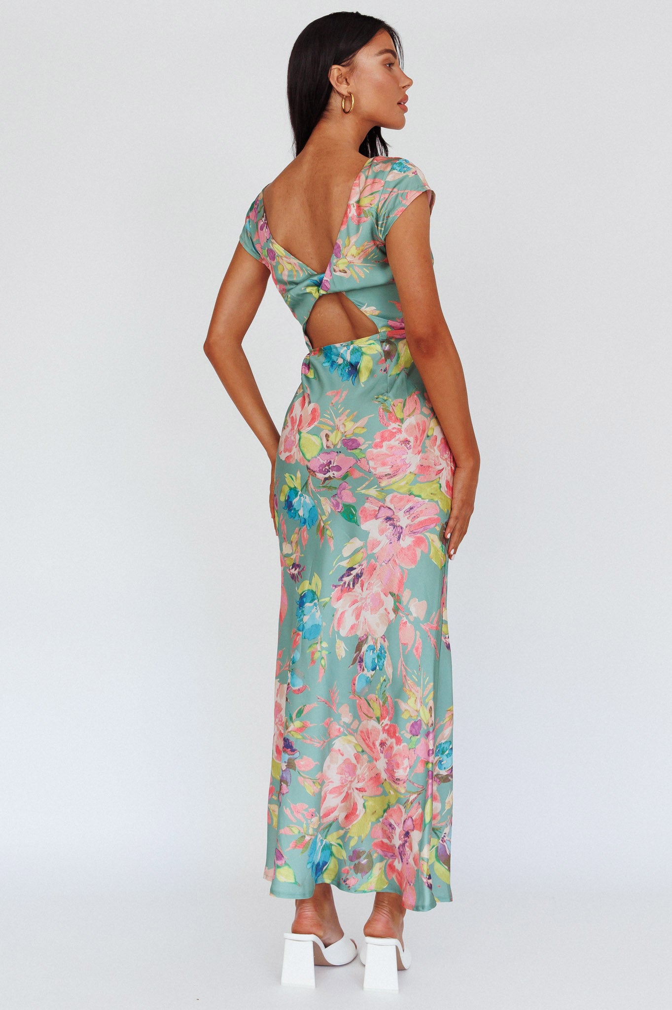 Lucinda Cap Sleeve Twist Back Midi Dress Floral Olive by Selfie Leslie