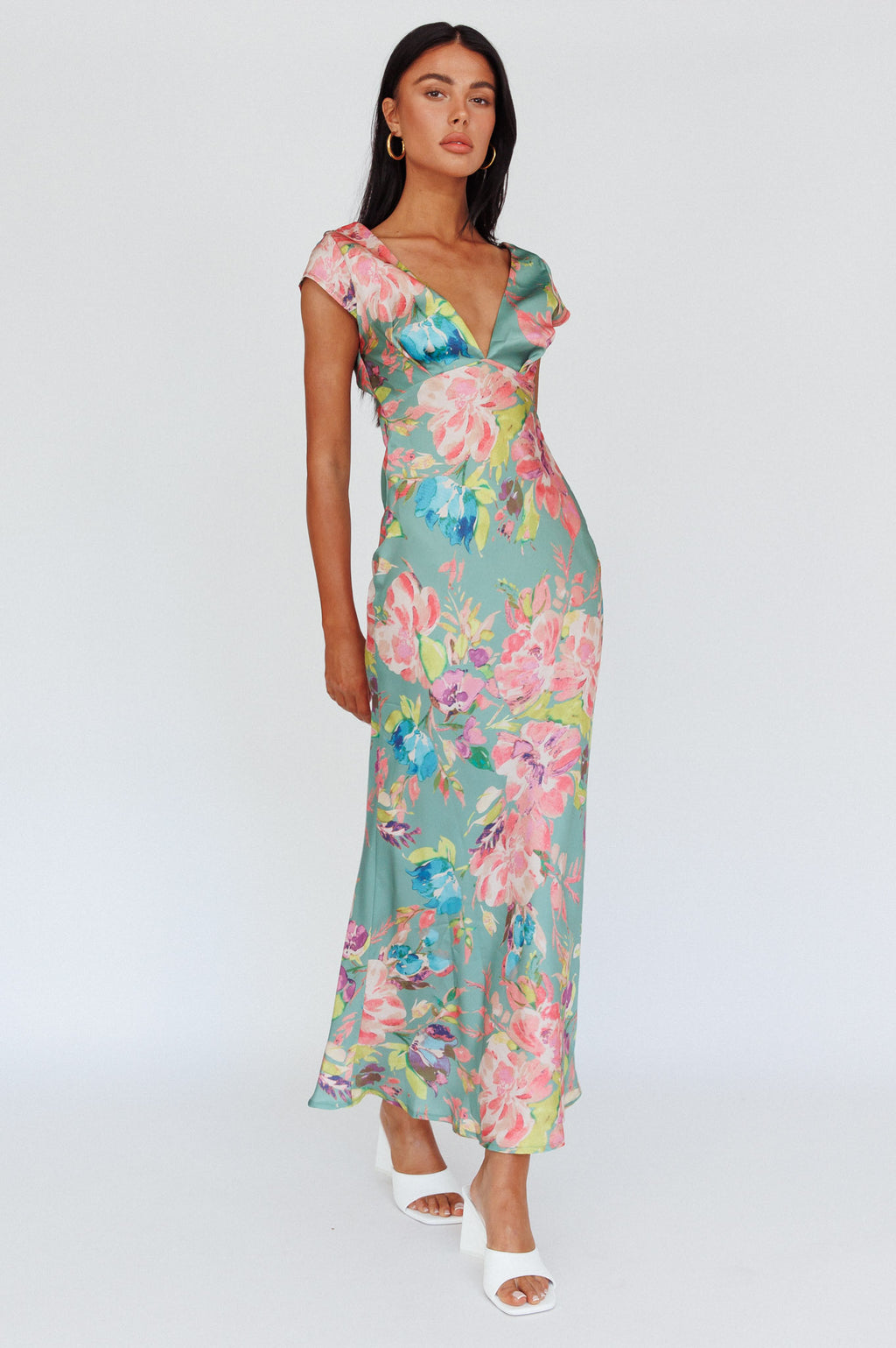 Lucinda Cap Sleeve Twist Back Midi Dress Floral Olive by Selfie Leslie
