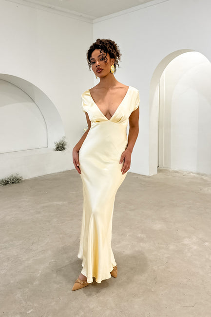 Lucinda V-Neck Twist Back Midi Dress Champagne