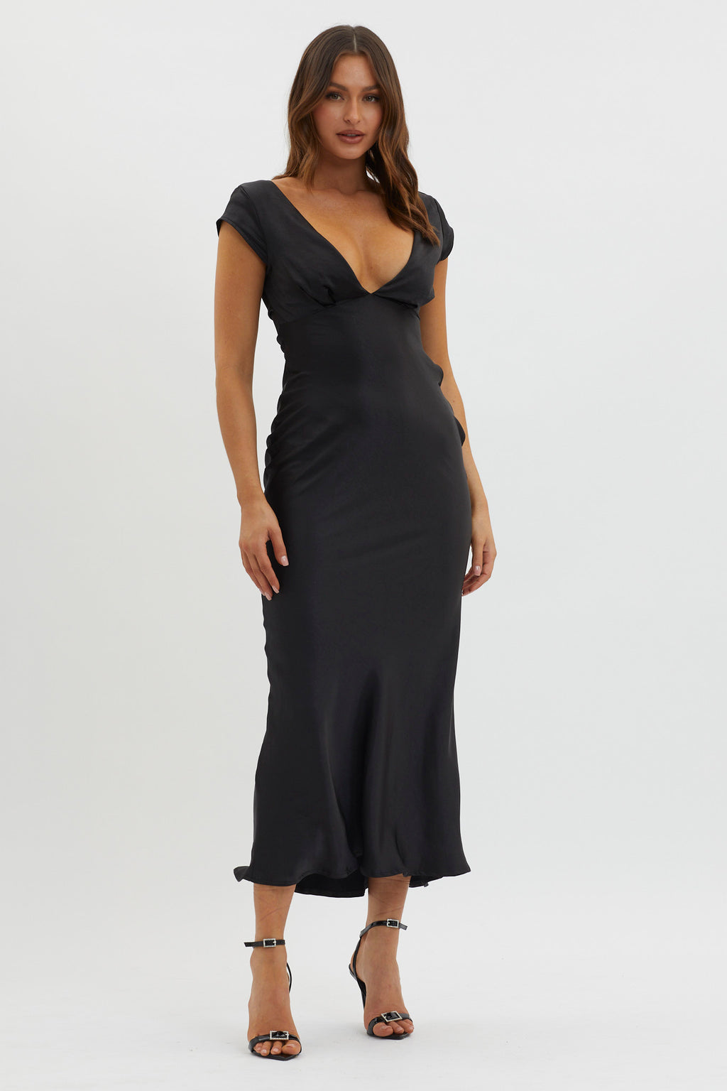 Lucinda V-Neck Twist Back Midi Dress Black by Selfie Leslie