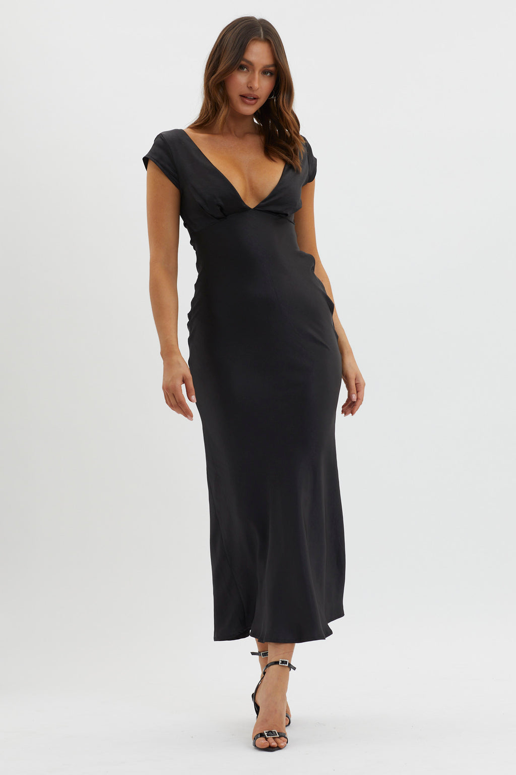 Lucinda V-Neck Twist Back Midi Dress Black by Selfie Leslie