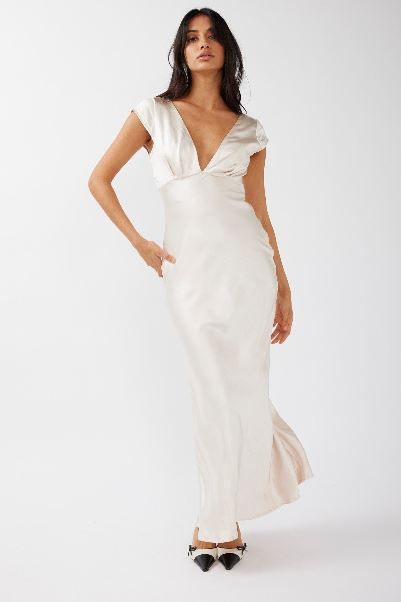 Lucinda V-Neck Twist Back Midi Dress Champagne by Selfie Leslie