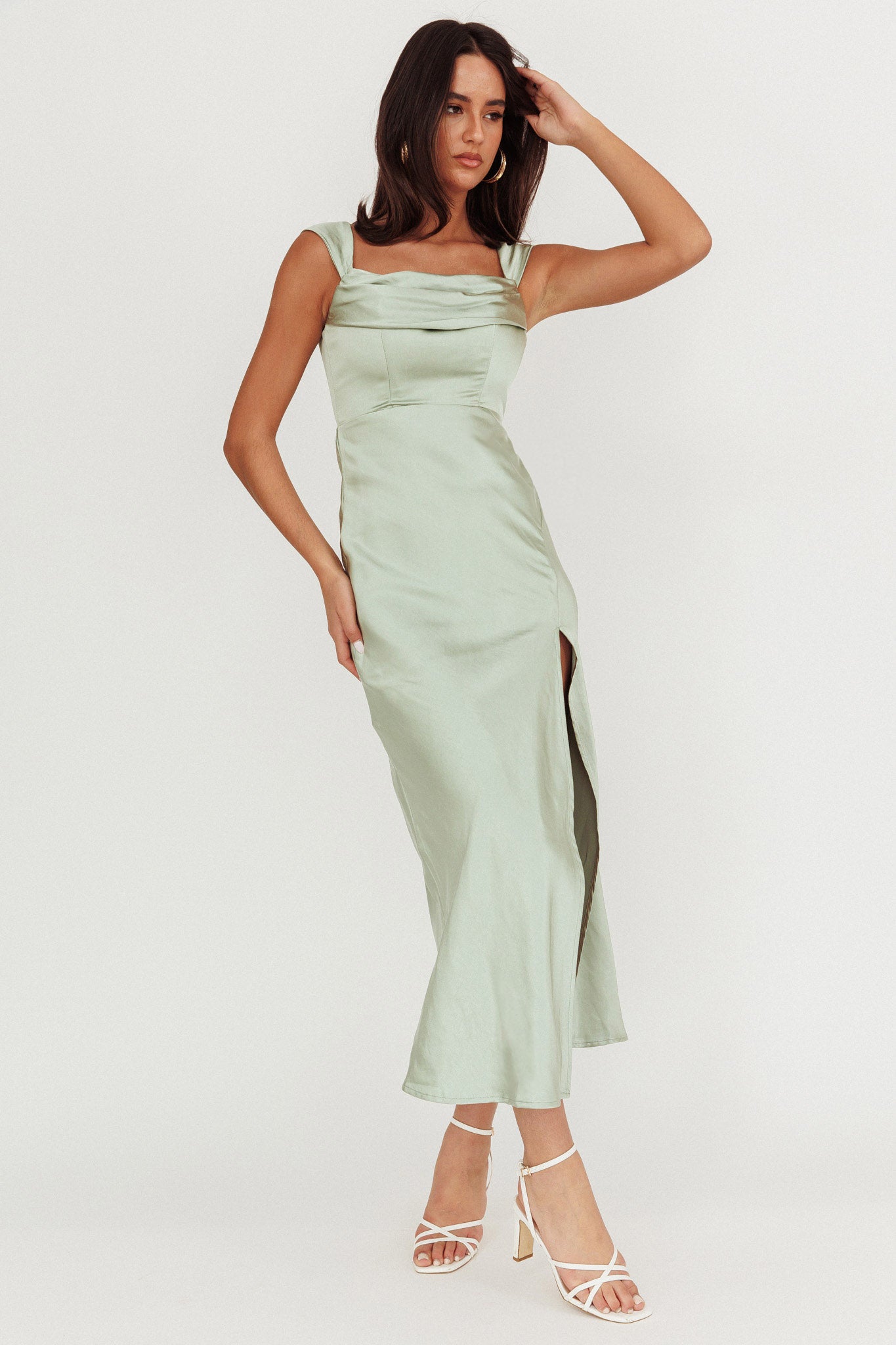 Lucinda Off-Shoulder V-Back Dress Sage by Selfie Leslie