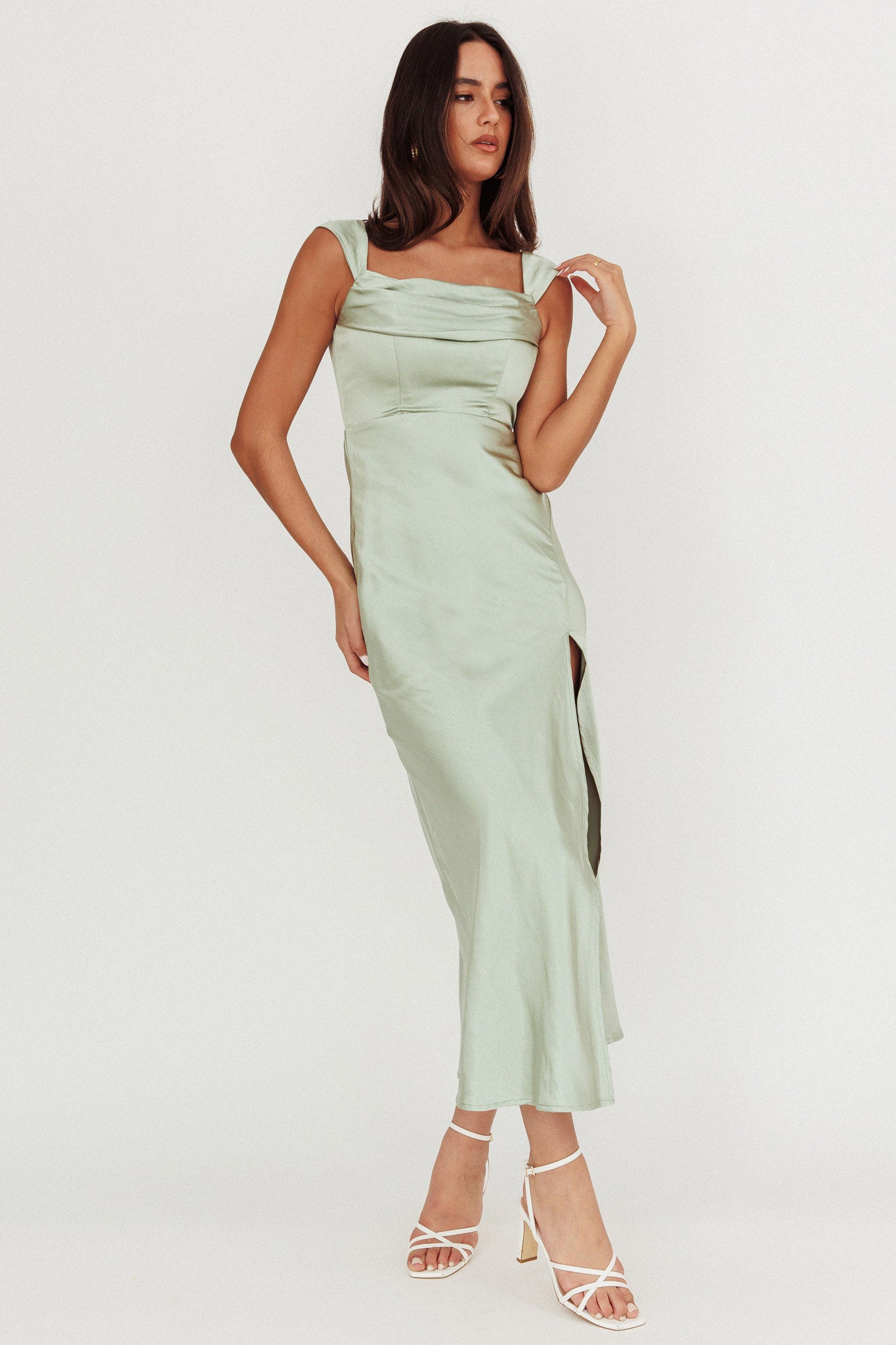 Lucinda Off-Shoulder V-Back Dress Sage by Selfie Leslie