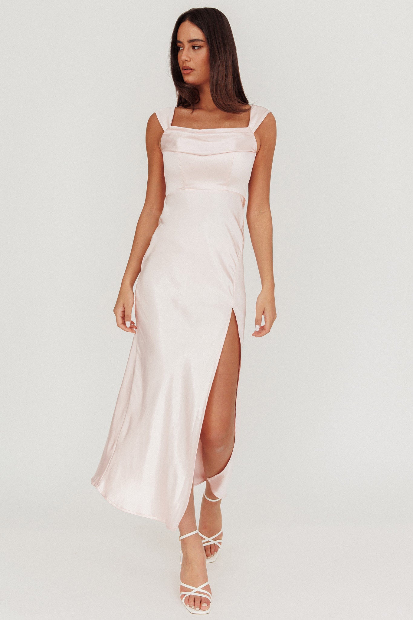 Lucinda Off-Shoulder V-Back Dress Blush by Selfie Leslie