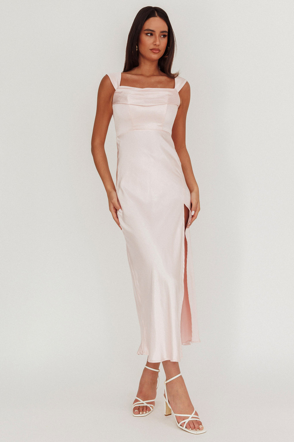 Lucinda Off-Shoulder V-Back Dress Blush by Selfie Leslie