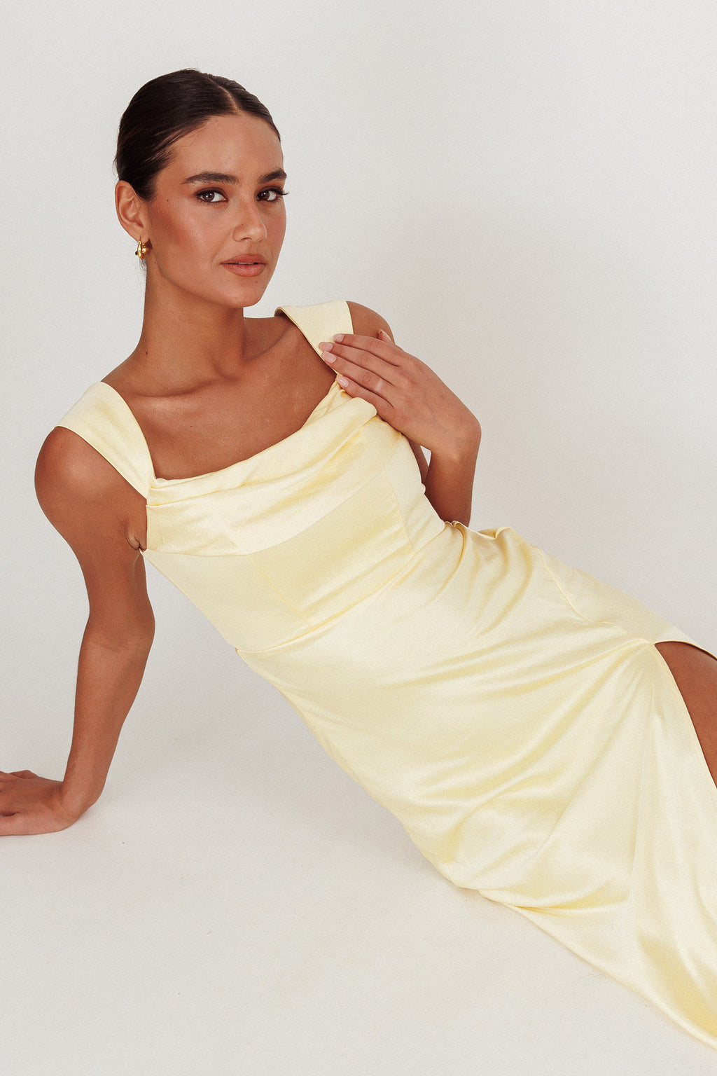Lucinda Off-Shoulder V-Back Dress Butter by Selfie Leslie
