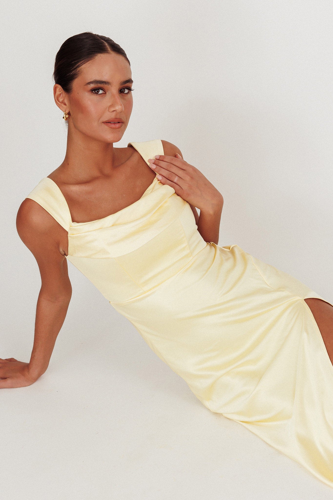 Lucinda Off-Shoulder V-Back Dress Butter by Selfie Leslie