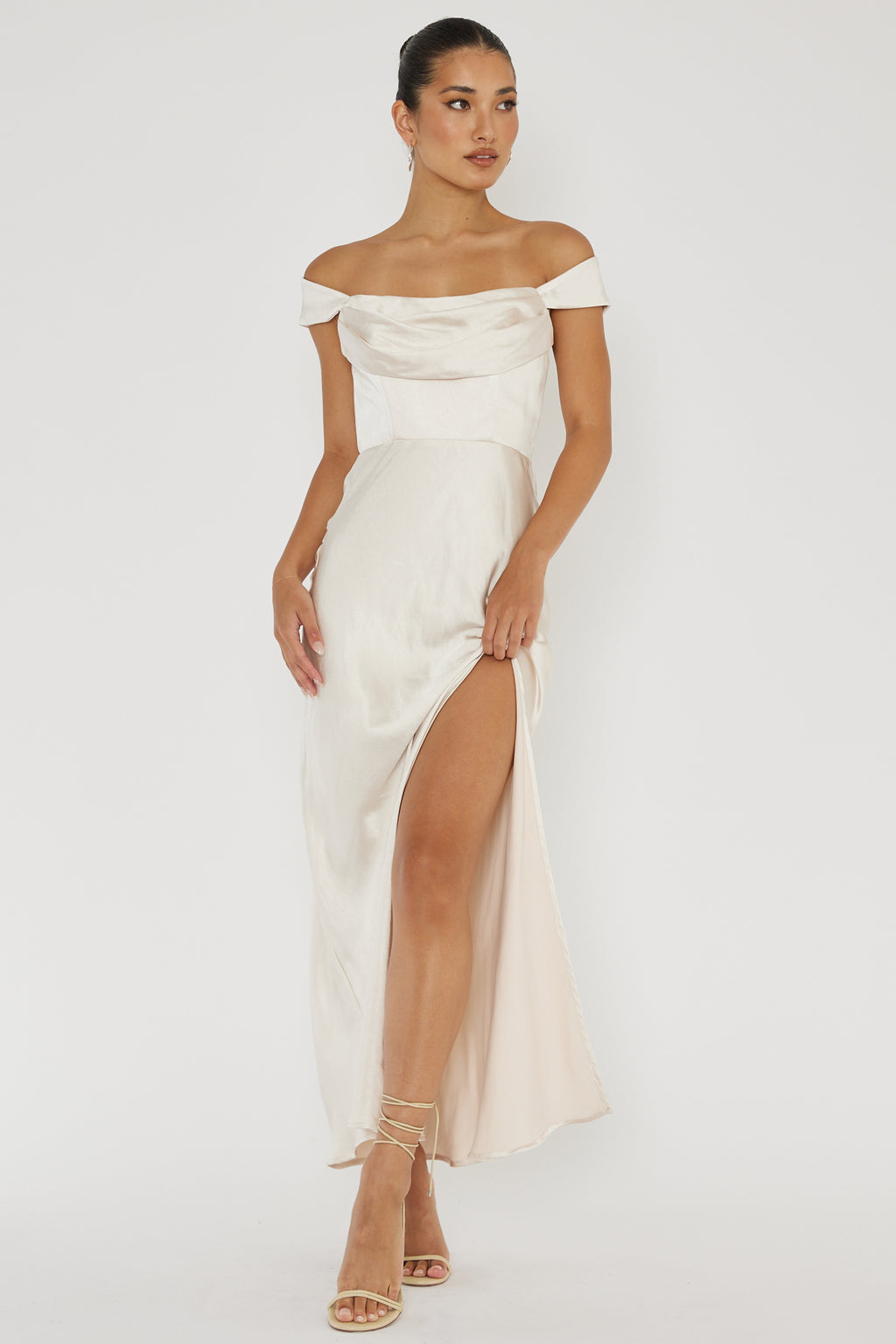 lucinda twist back midi dress champagne Lucinda V-Neck Twist Back Midi Dress Champagne