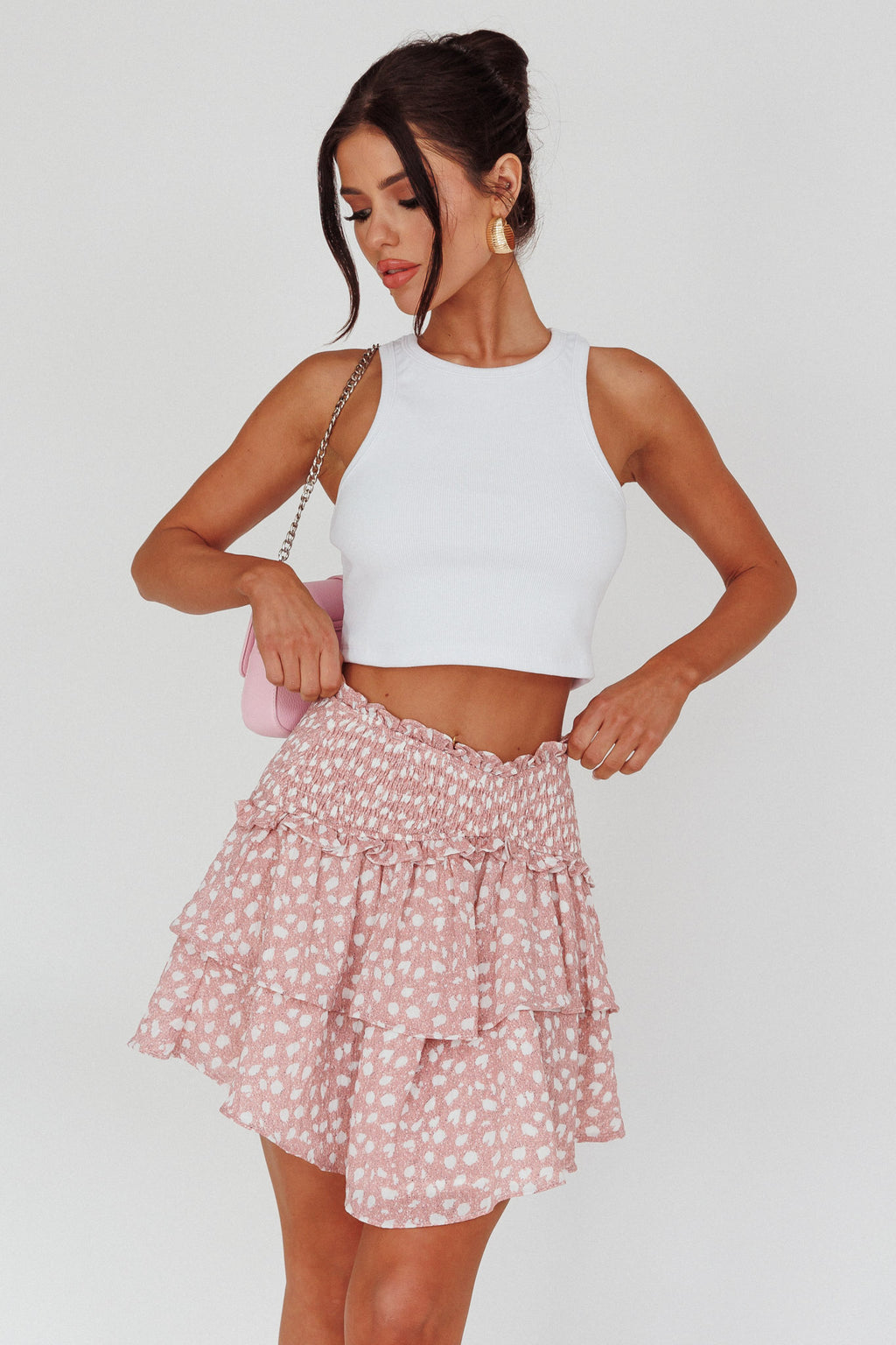 Sylvie Shirred Waist Layered Mini Skirt Pink by Selfie Leslie