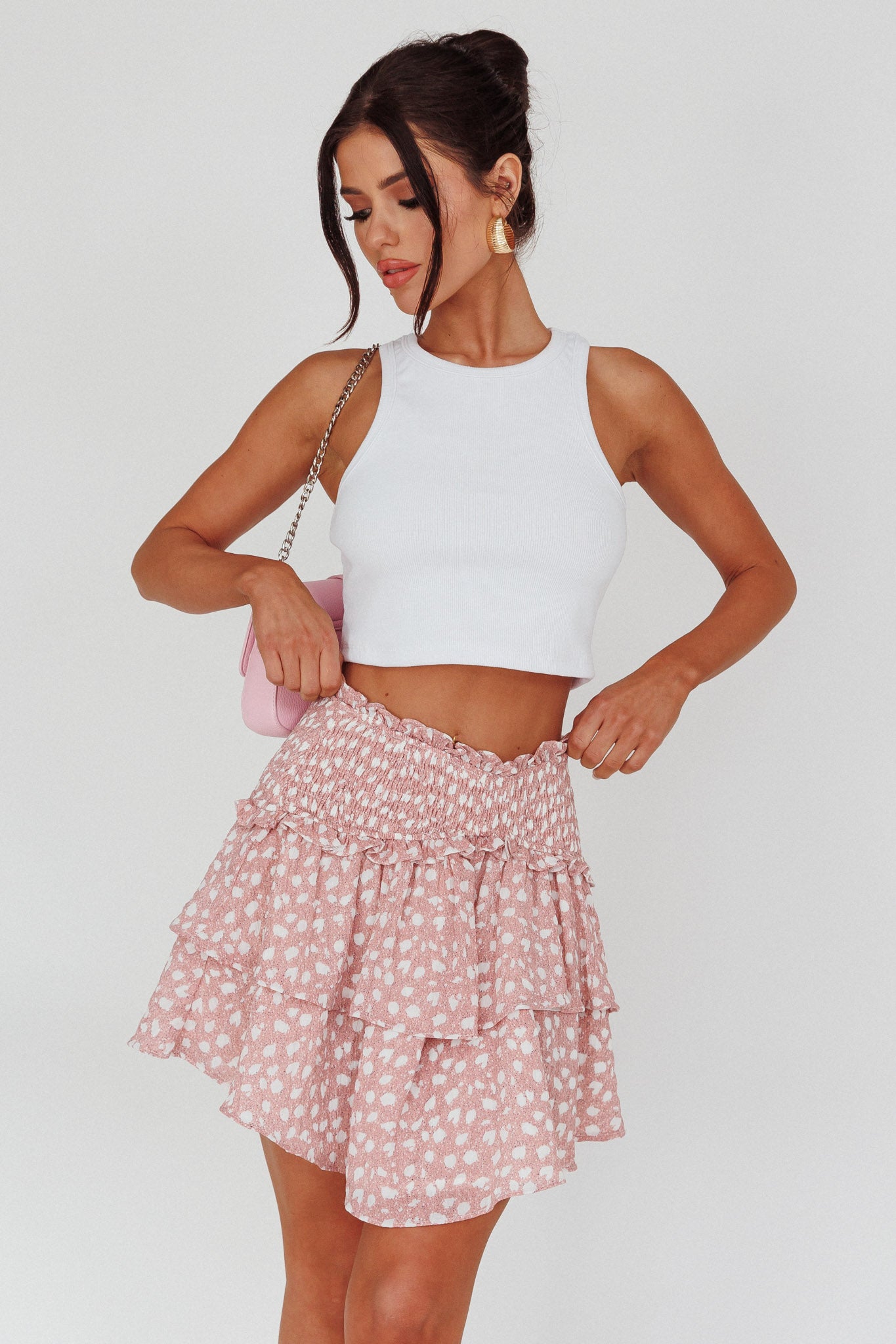 Sylvie Shirred Waist Layered Mini Skirt Pink by Selfie Leslie