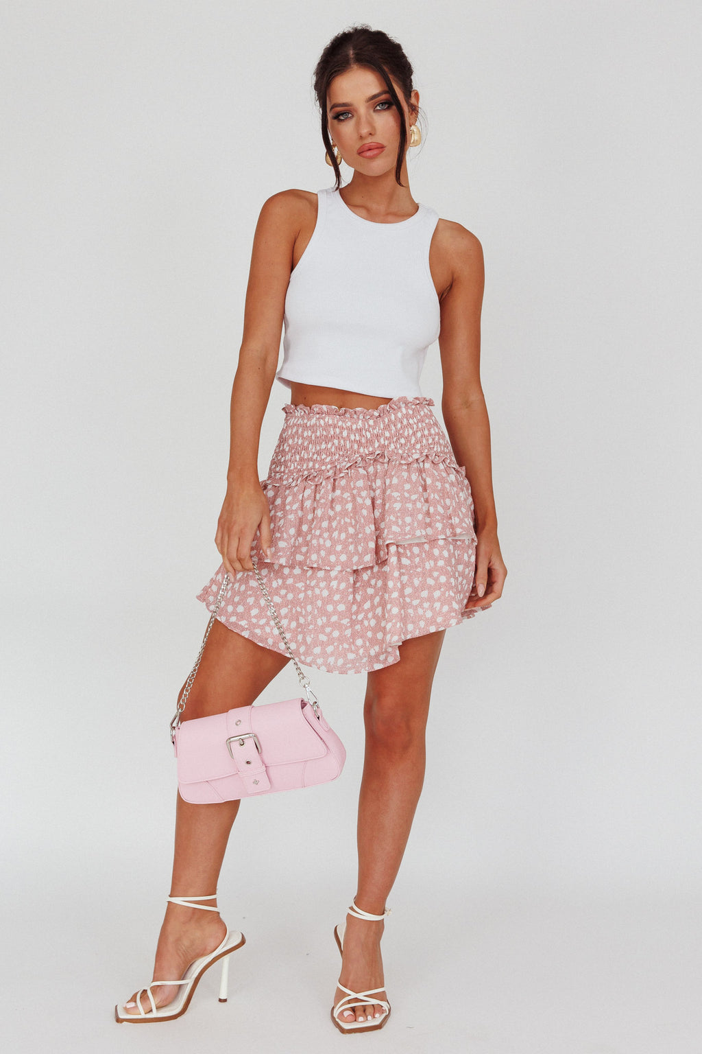 Sylvie Shirred Waist Layered Mini Skirt Pink by Selfie Leslie