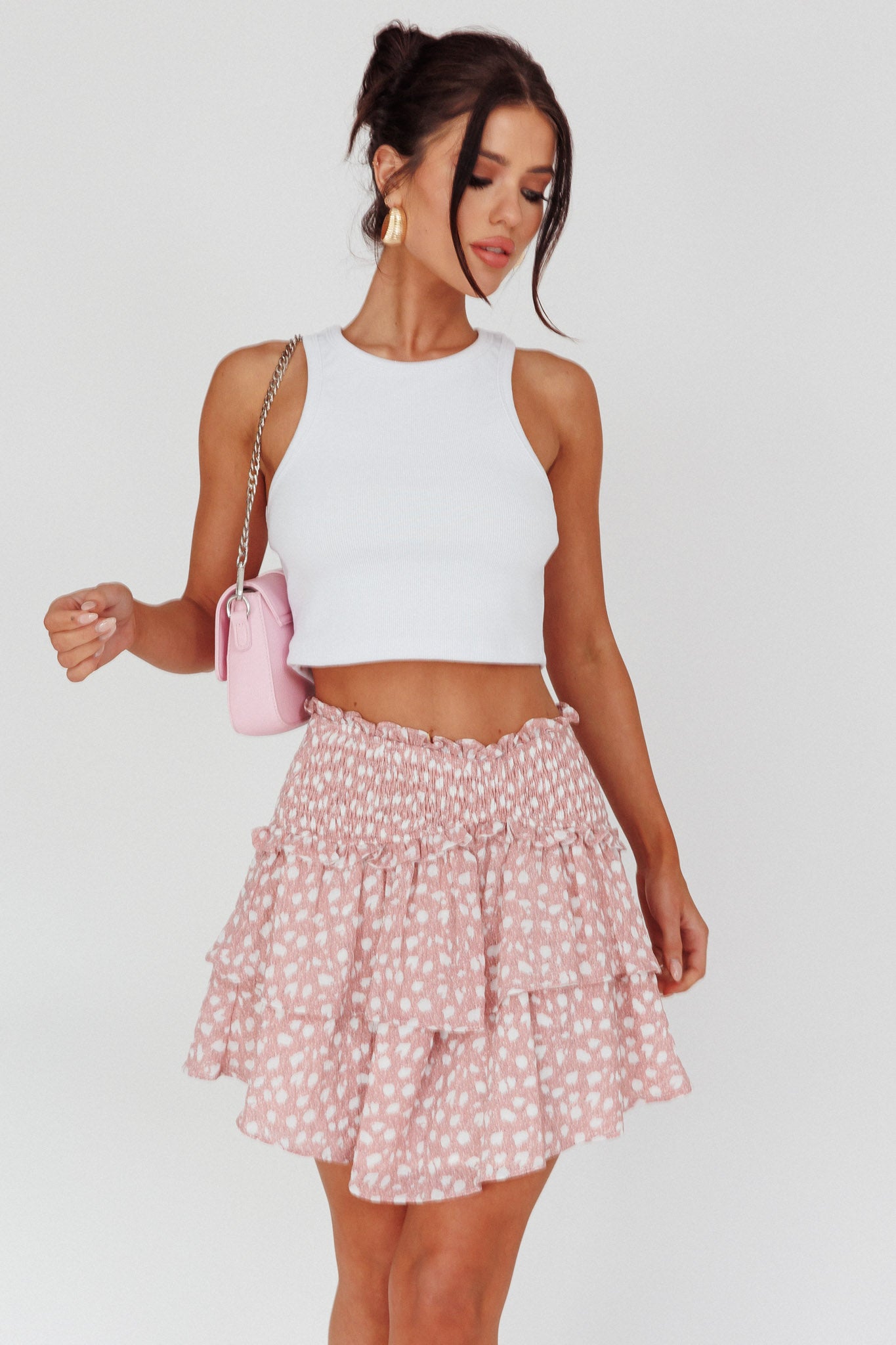 Sylvie Shirred Waist Layered Mini Skirt Pink by Selfie Leslie