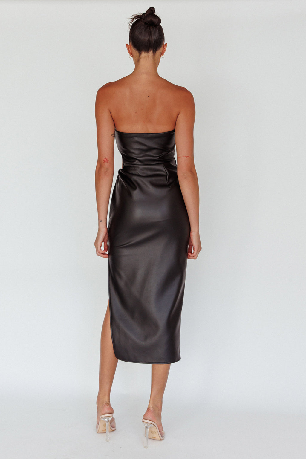 Taking Bets Strapless Midi Dress Leather Black by Selfie Leslie