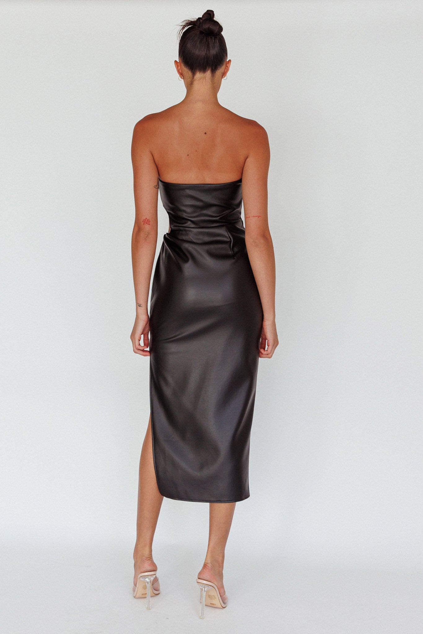 Taking Bets Strapless Midi Dress Leather Black by Selfie Leslie