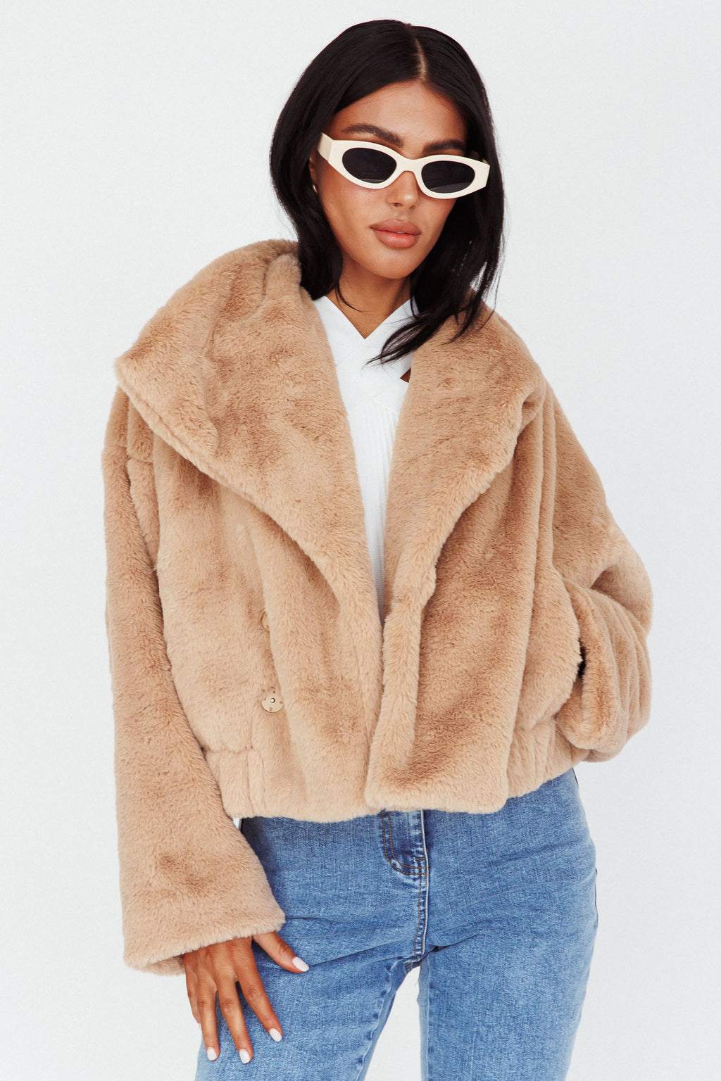 Yaro Long Sleeve Faux Fur Jacket Camel by Selfie Leslie