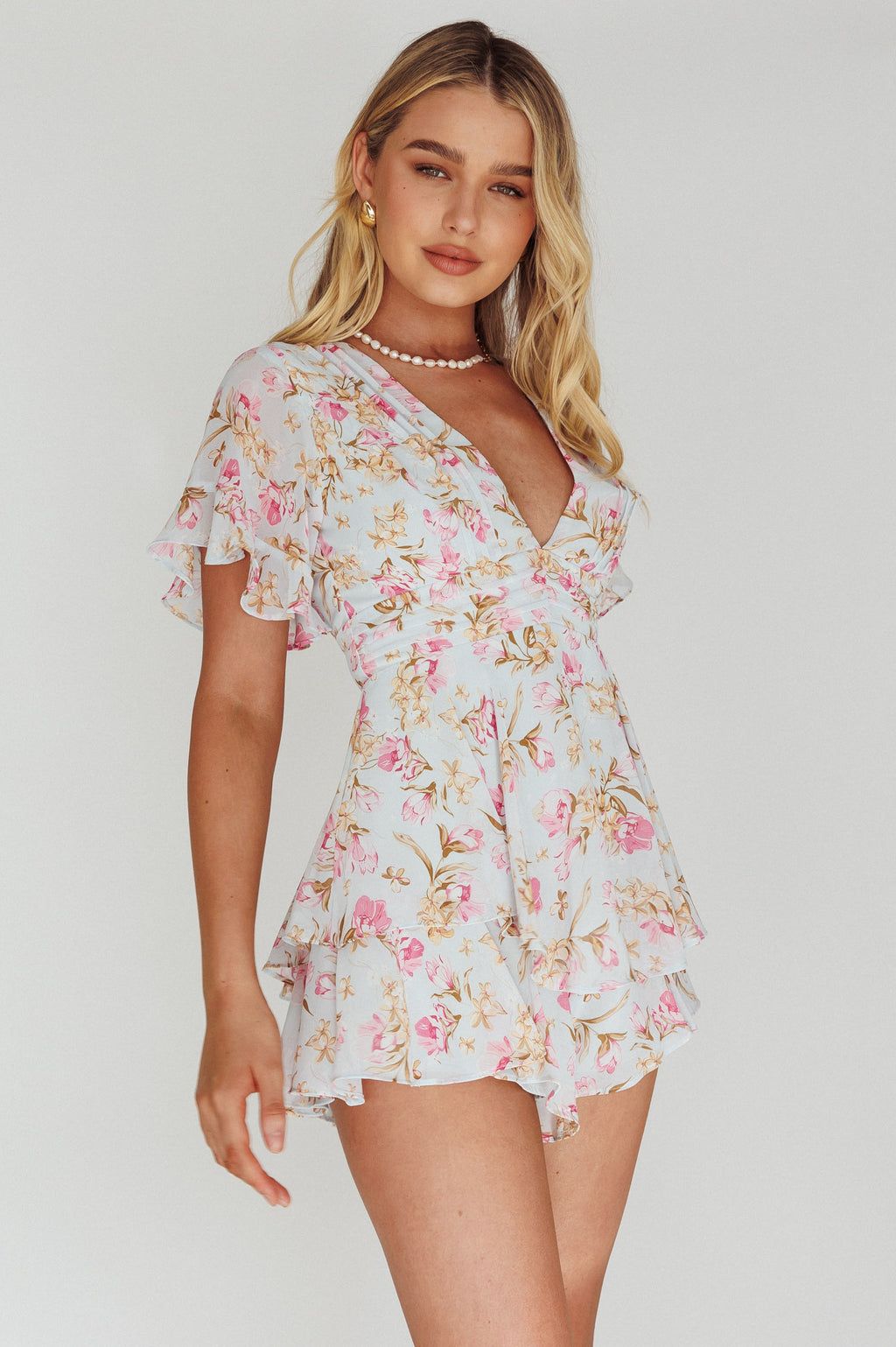 Golden Light Pintuck Pleat Romper Floral Blue by Selfie Leslie