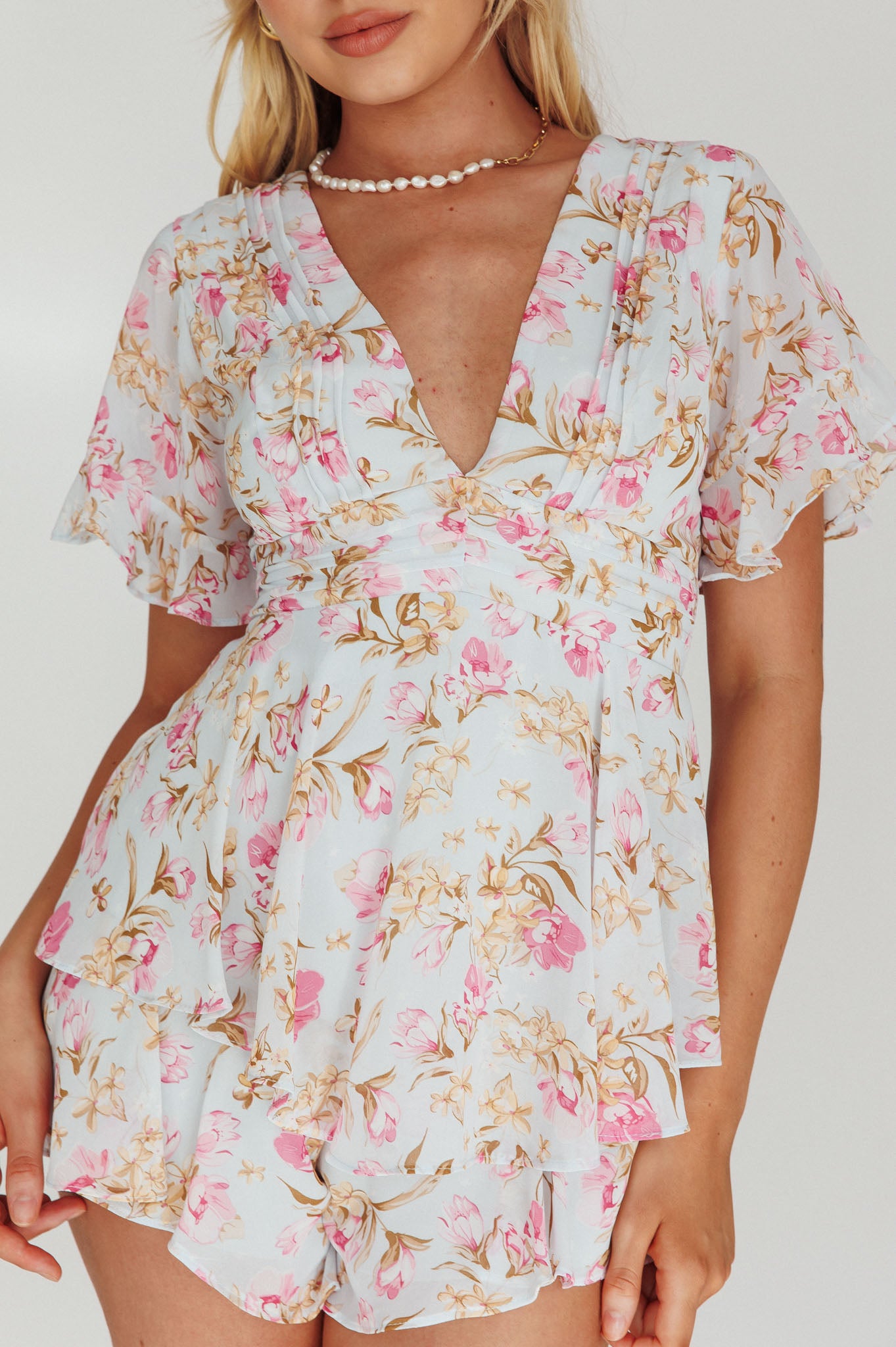 Golden Light Pintuck Pleat Romper Floral Blue by Selfie Leslie