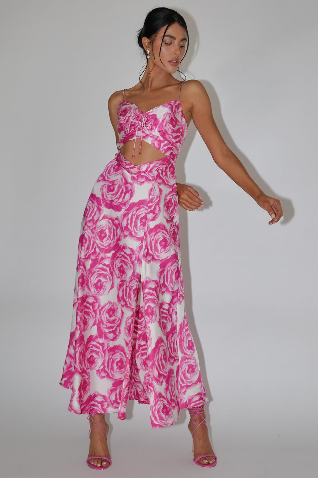 Twin Flame Drawstring Bust Midi Dress Floral Pink by Selfie Leslie