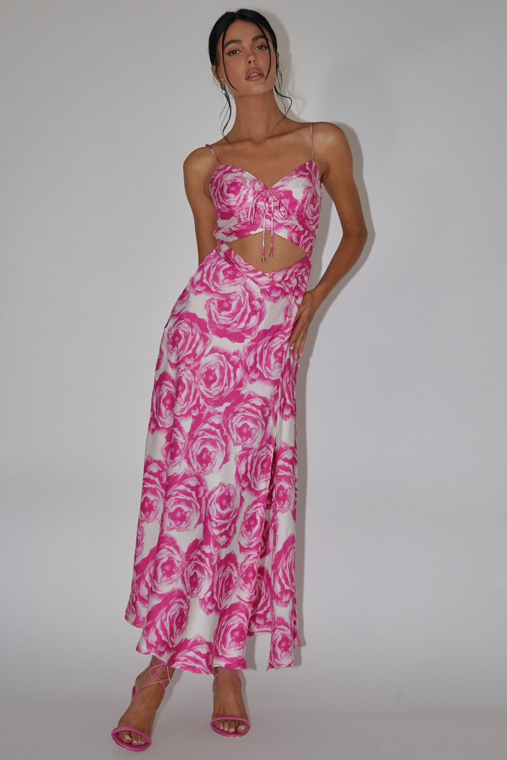 Twin Flame Drawstring Bust Midi Dress Floral Pink by Selfie Leslie
