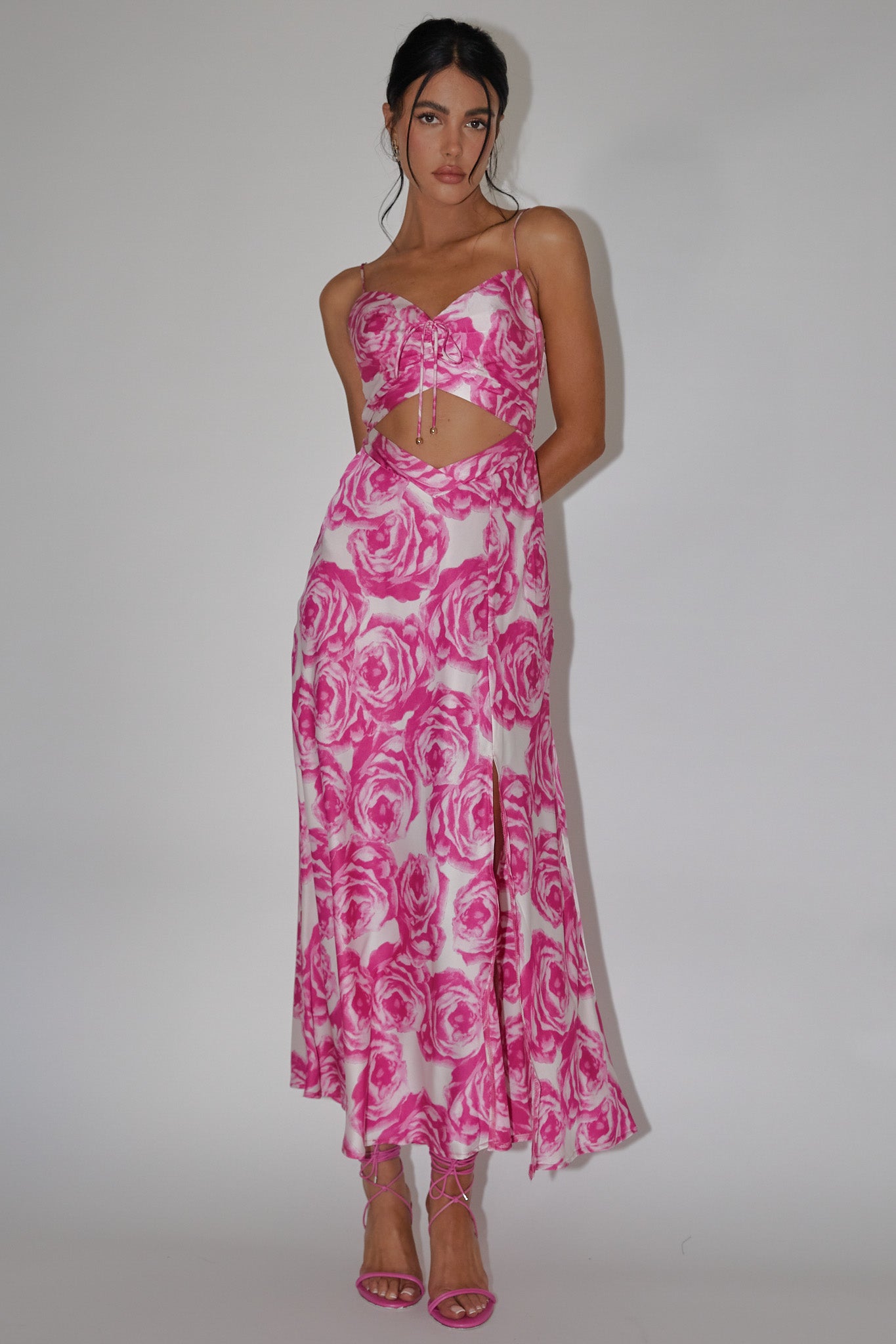 Twin Flame Drawstring Bust Midi Dress Floral Pink by Selfie Leslie
