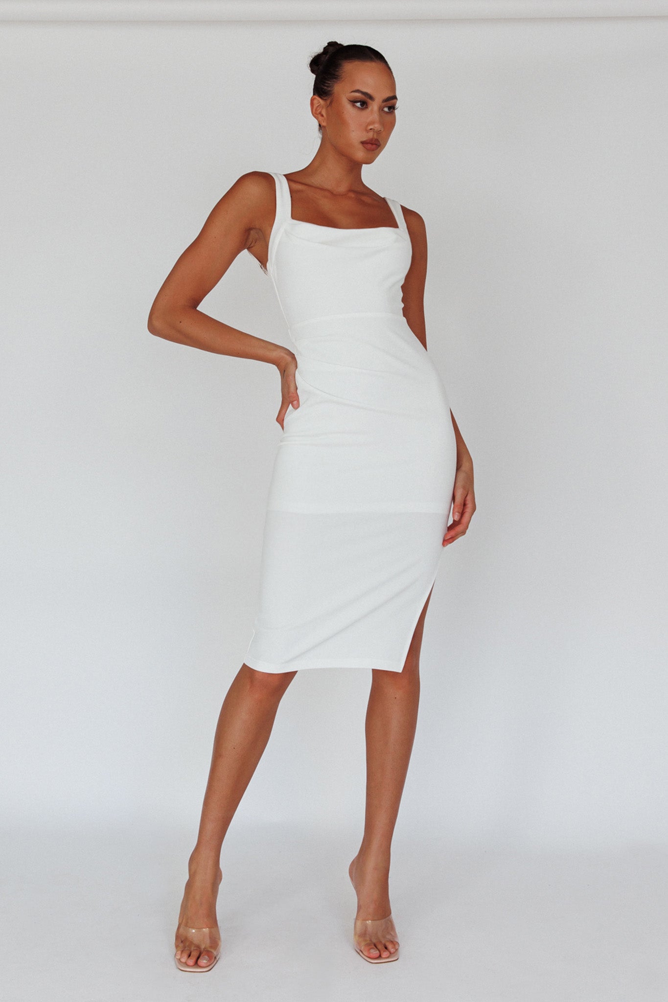 Bella Vista Cowl Neckline Thick Strap Knee Length Dress White by Selfie Leslie