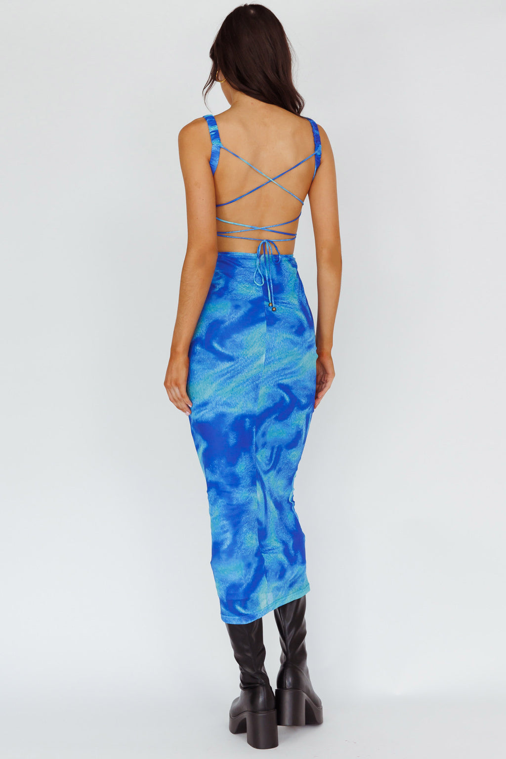 Dream Crush Lace-Up Back Side Split Maxi Dress Swirl Blue by Selfie Leslie