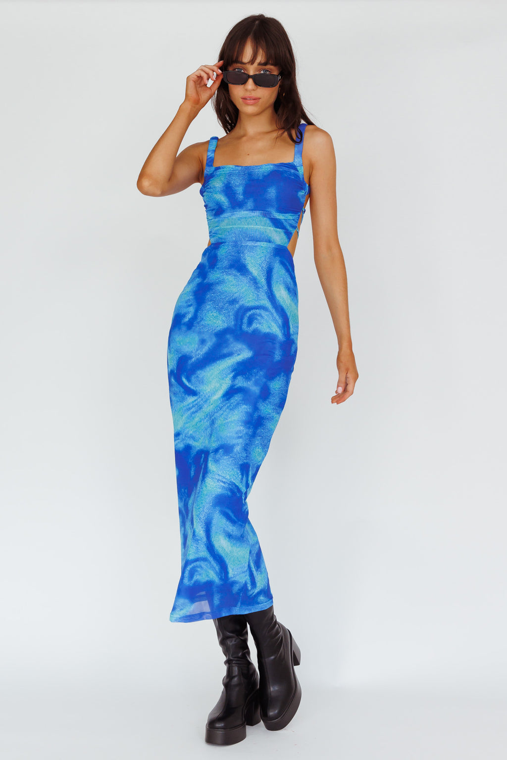 Dream Crush Lace-Up Back Side Split Maxi Dress Swirl Blue by Selfie Leslie