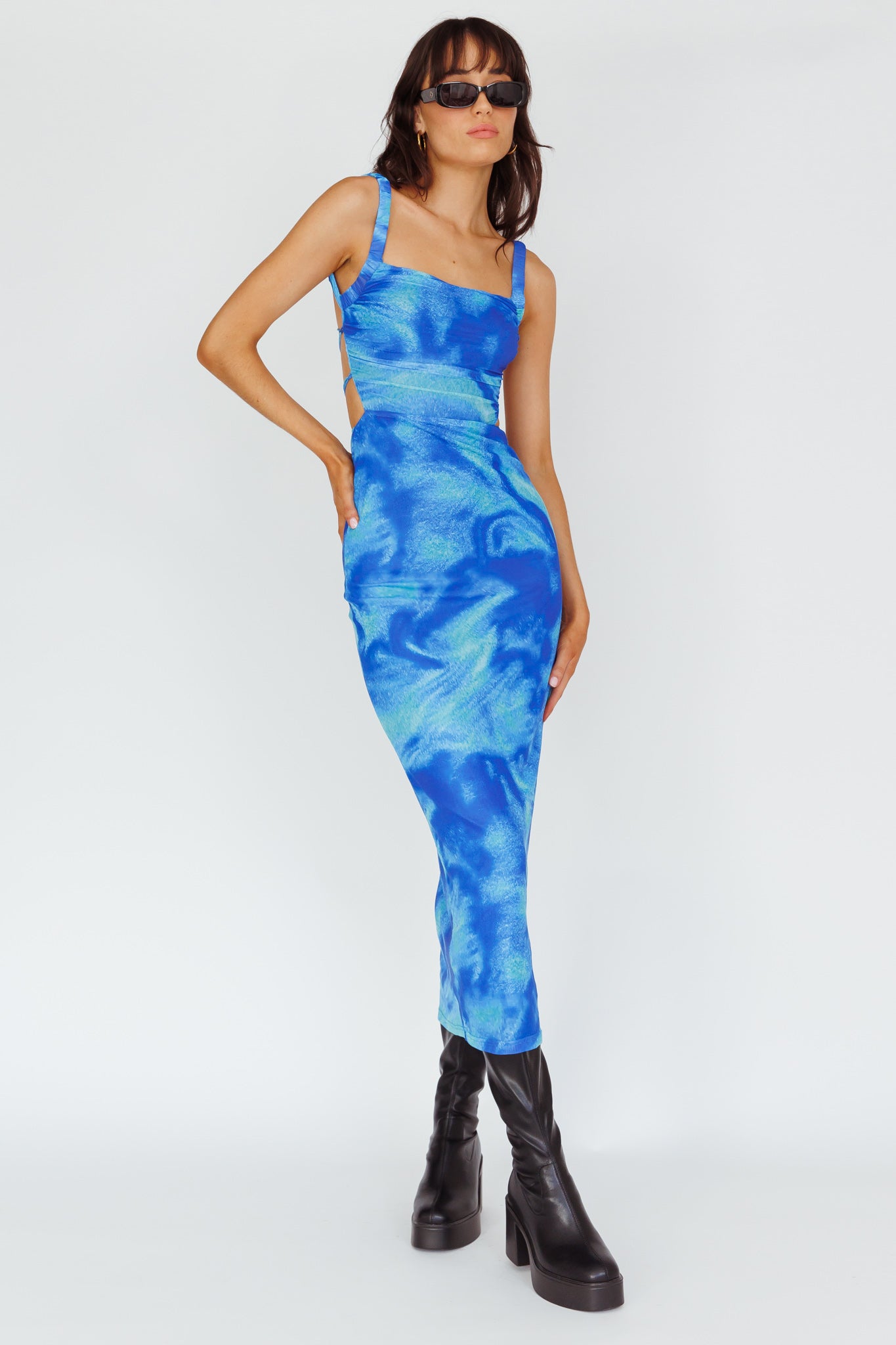 Dream Crush Lace-Up Back Side Split Maxi Dress Swirl Blue by Selfie Leslie