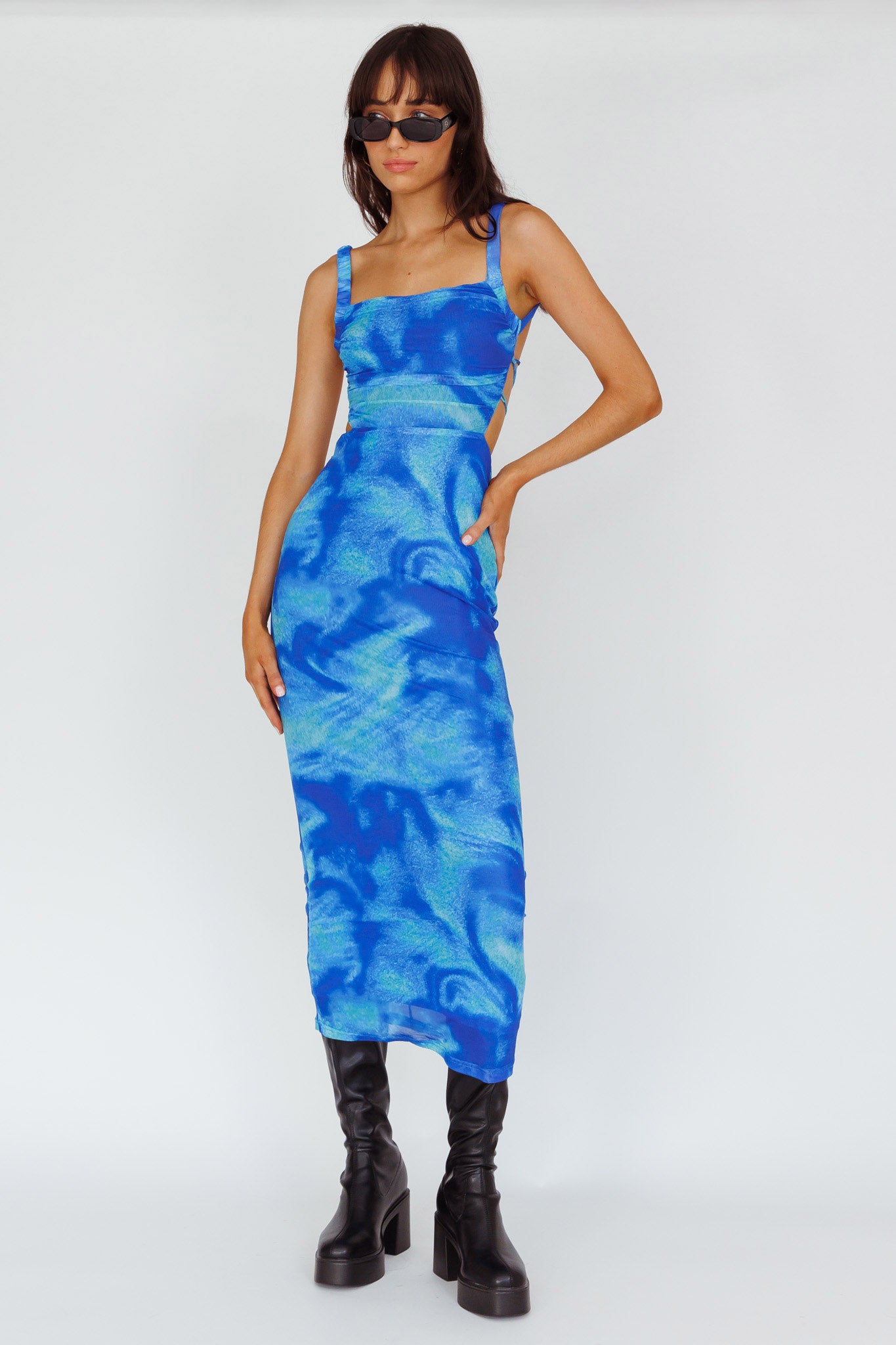 Shop the Dream Crush Lace-Up Back Side Split Maxi Dress Swirl Blue