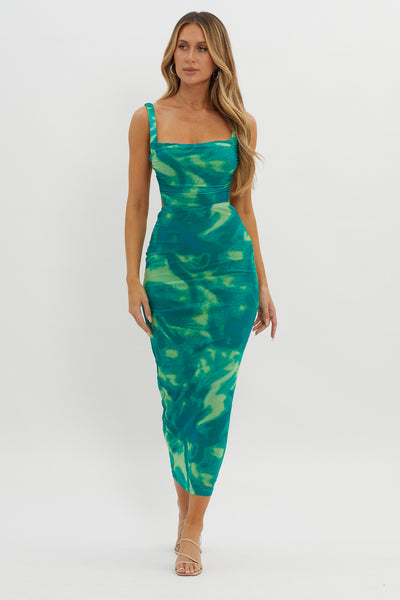 Shop the Dream Crush Lace-Up Back Side Split Maxi Dress Swirl Green
