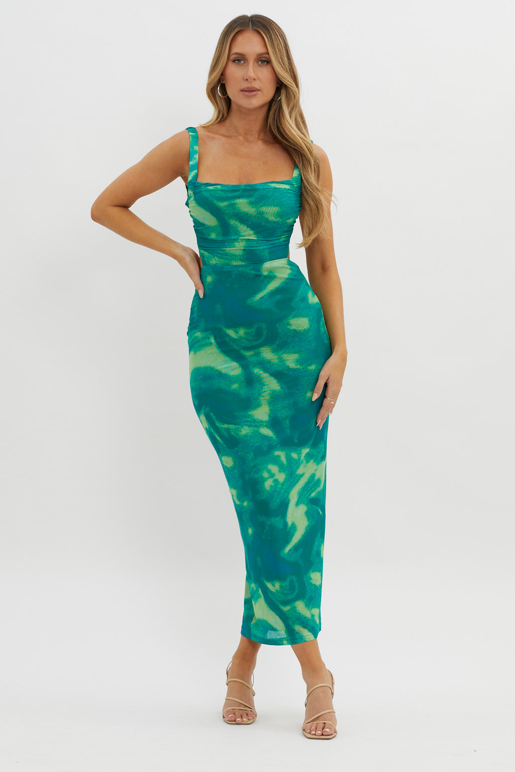 Dream Crush Lace-Up Back Side Split Maxi Dress Swirl Green by Selfie Leslie