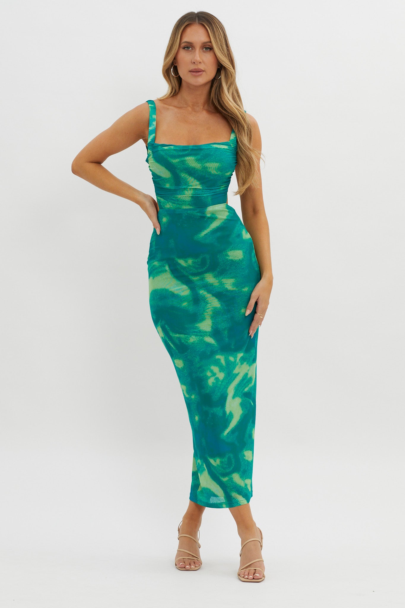 Dream Crush Lace-Up Back Side Split Maxi Dress Swirl Green by Selfie Leslie