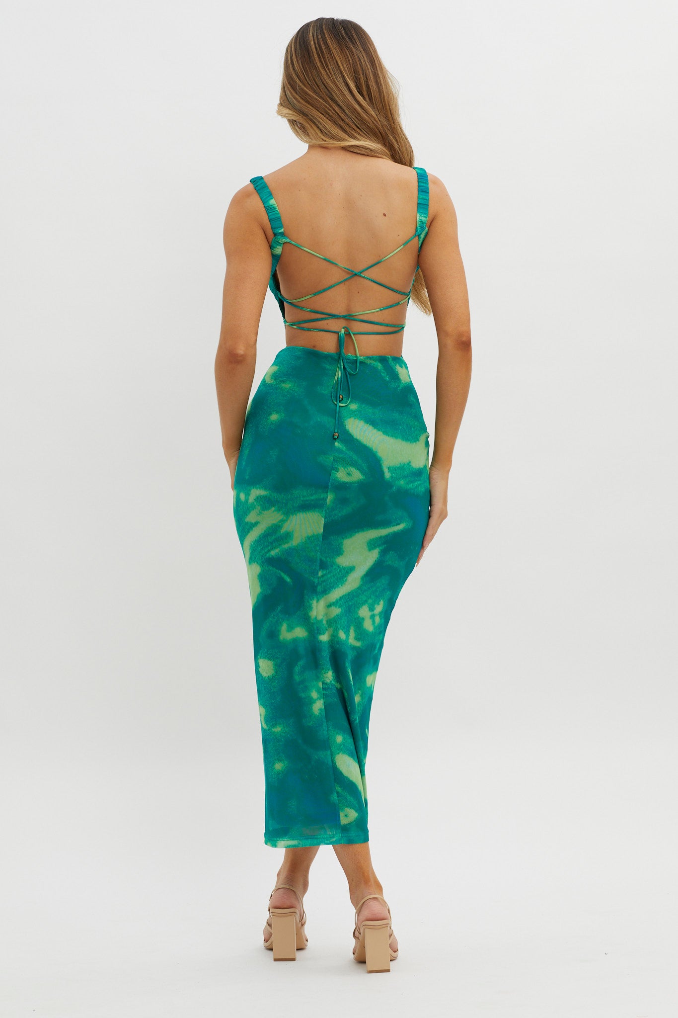 Dream Crush Lace-Up Back Side Split Maxi Dress Swirl Green - XS Dream Crush Lace-Up Back Side Split Maxi Dress Swirl Green - XS