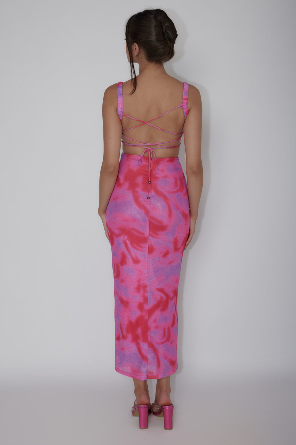 Dream Crush Lace-Up Back Side Split Maxi Dress Swirl Pink by Selfie Leslie