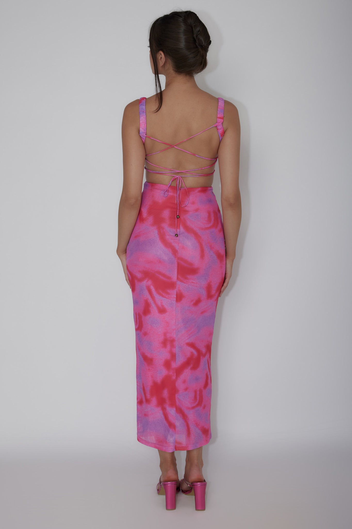 Dream Crush Lace-Up Back Side Split Maxi Dress Swirl Pink by Selfie Leslie