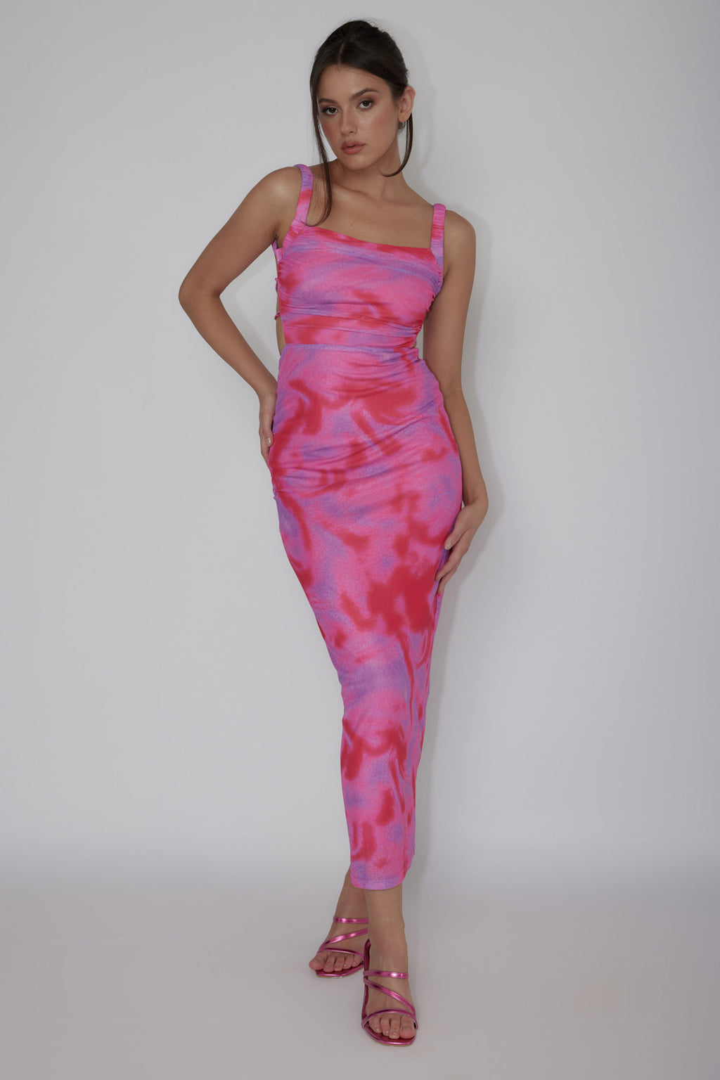 Dream Crush Lace-Up Back Side Split Maxi Dress Swirl Pink by Selfie Leslie
